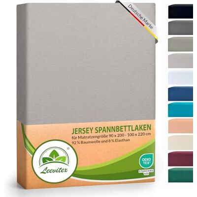 leevitex ® Luxus Elasthan Jersey Spannbettlaken 90x200 – 100x220 cm Multistretch 250 g/m² 92% Mako-Baumwolle und 8% Elasthan 40cm Steghöhe außergewöhnlich hochwertige Ausführung Silber leevitex ® Luxus Elasthan Jersey Spannbettlaken 90x200 – 100x220 cm Multistretch 250 g/m² 92% Mako-Baumwolle und 8% Elasthan 40cm Steghöhe außergewöhnlich hochwertige Ausführung Silber
