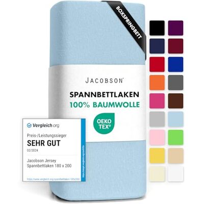 JACOBSON Jersey Spannbettlaken Spannbetttuch Baumwolle Bettlaken (140x200-160x220 cm, Hellblau) JACOBSON Jersey Spannbettlaken Spannbetttuch Baumwolle Bettlaken (140x200-160x220 cm, Hellblau)