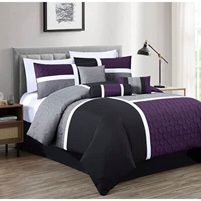 Chezmoi Collection Upland 7-teiliges gestepptes Patchwork-Bettwäsche-Set, Violett/Schwarz/Grau, Queensize-Bett Chezmoi Collection Upland 7-teiliges gestepptes Patchwork-Bettwäsche-Set, Violett/Schwarz/Grau, Queensize-Bett