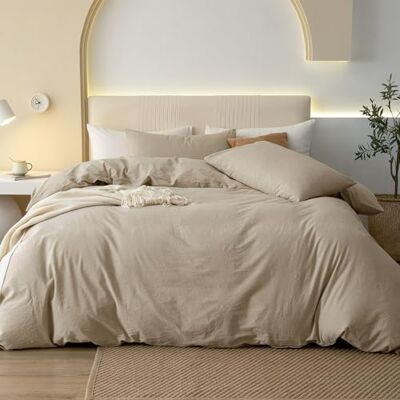 JIYUAN Bettwäsche-Set aus 100% gewaschener Baumwolle, 3-teilig (1 Bettbezug + 2 Kissenbezüge), weich, bequem, einfacher Stil, Kingsize, Beige JIYUAN Bettwäsche-Set aus 100% gewaschener Baumwolle, 3-teilig (1 Bettbezug + 2 Kissenbezüge), weich, bequem, einfacher Stil, Kingsize, Beige