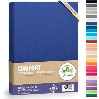 leevitex Premium Topper Boxspringbett Spannbettlaken 100% Mako-Jersey-Baumwolle ÖKO-TEX 170g/m² 90 x 200-100 x 220 Royalblau/Königsblau 18 cm Steg leevitex Premium Topper Boxspringbett Spannbettlaken 100% Mako-Jersey-Baumwolle ÖKO-TEX 170g/m² 90 x 200-100 x 220 Royalblau/Königsblau 18 cm Steg