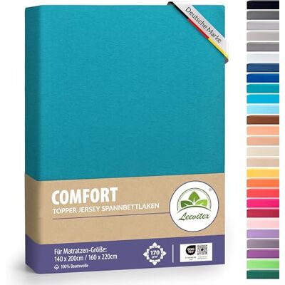leevitex Premium Topper Boxspringbett Spannbettlaken 100% Mako-Jersey-Baumwolle ÖKO-TEX 170g/m² 140 x 200-160 x 220 Petrol/Seegrün 18 cm Steg leevitex Premium Topper Boxspringbett Spannbettlaken 100% Mako-Jersey-Baumwolle ÖKO-TEX 170g/m² 140 x 200-160 x 220 Petrol/Seegrün 18 cm Steg