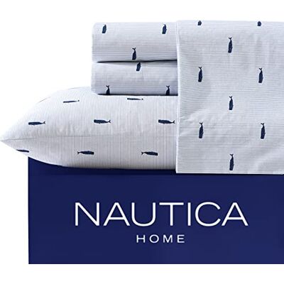 Nautica Bettlaken Baumwoll-Perkal-Bettwäsche-Set, frisch und kühl, leicht und atmungsaktiv, 100, Walstreifen, Blau/Weiß, Full Nautica Bettlaken Baumwoll-Perkal-Bettwäsche-Set, frisch und kühl, leicht und atmungsaktiv, 100, Walstreifen, Blau/Weiß, Full