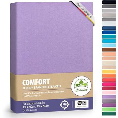 leevitex ® Premium Spannbettlaken 180x200–200x220 cm 40 cm Steghöhe – für Standard-, Boxspring- & Wasserbetten 100% Mako-Jersey-Baumwolle ÖKO-TEX Zertifiziert 170 g/m² Flieder/Lavender leevitex ® Premium Spannbettlaken 180x200–200x220 cm 40 cm Steghöhe – für Standard-, Boxspring- & Wasserbetten 100% Mako-Jersey-Baumwolle ÖKO-TEX Zertifiziert 170 g/m² Flieder/Lavender
