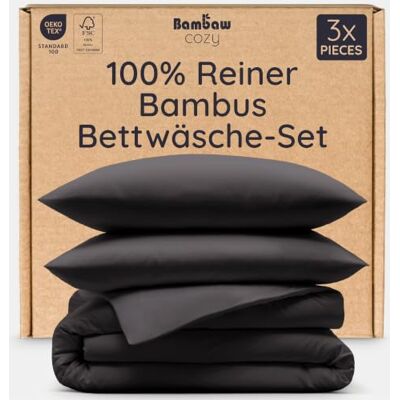 Bambaw Bambus Bettwäsche 200x200 Set, 3-teilig, Anti Milben Bettbezug Mit 2x Kühlende Kissenbezüge 75x50 cm, Weiches, Hypoallergenes & OEKO-TEX® Zertifiziertes Bettwäsche-Set (Schwarz) Bambaw Bambus Bettwäsche 200x200 Set, 3-teilig, Anti Milben Bettbezug Mit 2x Kühlende Kissenbezüge 75x50 cm, Weiches, Hypoallergenes & OEKO-TEX® Zertifiziertes Bettwäsche-Set (Schwarz)