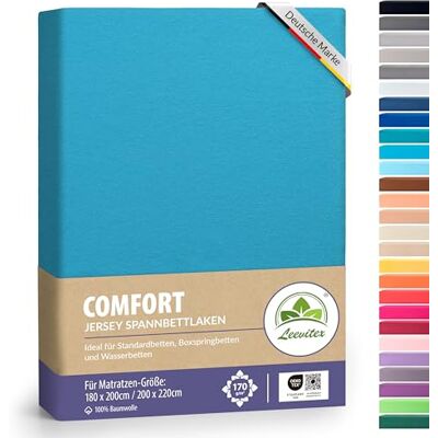 leevitex ® Premium Spannbettlaken 180x200–200x220 cm 40 cm Steghöhe – für Standard-, Boxspring- & Wasserbetten 100% Mako-Jersey-Baumwolle ÖKO-TEX Zertifiziert 170 g/m² Türkis/Ocean leevitex ® Premium Spannbettlaken 180x200–200x220 cm 40 cm Steghöhe – für Standard-, Boxspring- & Wasserbetten 100% Mako-Jersey-Baumwolle ÖKO-TEX Zertifiziert 170 g/m² Türkis/Ocean