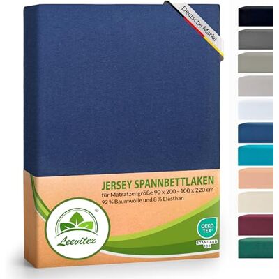 leevitex ® Luxus Elasthan Jersey Spannbettlaken 90x200 – 100x220 cm Multistretch 250 g/m² 92% Mako-Baumwolle und 8% Elasthan 40cm Steghöhe außergewöhnlich hochwertige Ausführung Navy leevitex ® Luxus Elasthan Jersey Spannbettlaken 90x200 – 100x220 cm Multistretch 250 g/m² 92% Mako-Baumwolle und 8% Elasthan 40cm Steghöhe außergewöhnlich hochwertige Ausführung Navy