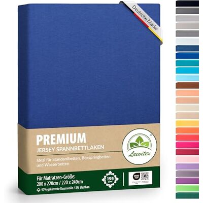 leevitex ® Premium Wasserbett & Boxspringbett Spannbettlaken Spannbetttuch 200 x 220 bis 220 x 240 97% Mako-Jersey-Baumwolle 3% Elastan Royalblau/Königsblau 195 g/m² leevitex ® Premium Wasserbett & Boxspringbett Spannbettlaken Spannbetttuch 200 x 220 bis 220 x 240 97% Mako-Jersey-Baumwolle 3% Elastan Royalblau/Königsblau 195 g/m²