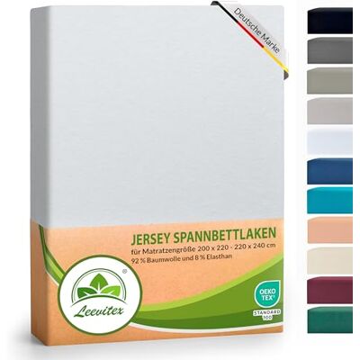 leevitex ® Luxus Elasthan Jersey Spannbettlaken 200x220 – 220x240 cm Multistretch 250 g/m² 92% Mako-Baumwolle 8% Elasthan 40cm Steghöhe außergewöhnlich hochwertige Ausführung Weiß leevitex ® Luxus Elasthan Jersey Spannbettlaken 200x220 – 220x240 cm Multistretch 250 g/m² 92% Mako-Baumwolle 8% Elasthan 40cm Steghöhe außergewöhnlich hochwertige Ausführung Weiß