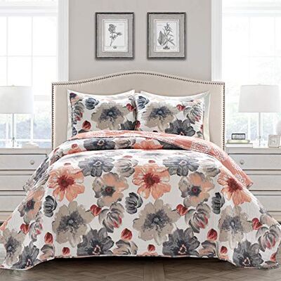 Lush Decor Leah Wende-Bettwäsche-Set mit Blumenmuster, 3-teilig, Full/Queen-Size, Koralle und Grau, Bezauberndes Blumen-Bettwäsche-Set, große blühende Aquarell-Blumen Lush Decor Leah Wende-Bettwäsche-Set mit Blumenmuster, 3-teilig, Full/Queen-Size, Koralle und Grau, Bezauberndes Blumen-Bettwäsche-Set, große blühende Aquarell-Blumen