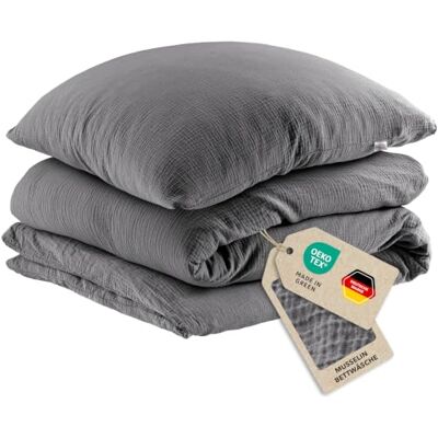Pure Musselin Kinderbettwäsche 100x135+40x60 cm Anthrazit Traumhaft weiche, kuschelige Bettwäsche-Sets aus Musselin 40° Waschbar Pure Musselin Kinderbettwäsche 100x135+40x60 cm Anthrazit Traumhaft weiche, kuschelige Bettwäsche-Sets aus Musselin 40° Waschbar