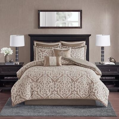 Madison Park Odette Gemütliches Bettdecken-Set, Jacquard-Damast-Medaillon-Design, Moderne Ganzjahres-Bettwäsche, Daunen-Alternative, Kissenbezüge, dekorative Kissen, Queensize-Bett (228,6 x 228,6 cm Madison Park Odette Gemütliches Bettdecken-Set, Jacquard-Damast-Medaillon-Design, Moderne Ganzjahres-Bettwäsche, Daunen-Alternative, Kissenbezüge, dekorative Kissen, Queensize-Bett (228,6 x 228,6 cm