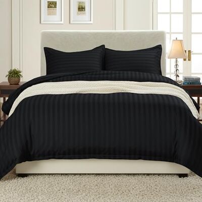 Elegant Comfort Knitter- und lichtbeständig, Fadenzahl 1500, Damaststreifen, ägyptische Qualität, luxuriös, seidig weich, 3-teiliges Bettbezug-Set, King-Size-Bett, Schwarz Elegant Comfort Knitter- und lichtbeständig, Fadenzahl 1500, Damaststreifen, ägyptische Qualität, luxuriös, seidig weich, 3-teiliges Bettbezug-Set, King-Size-Bett, Schwarz