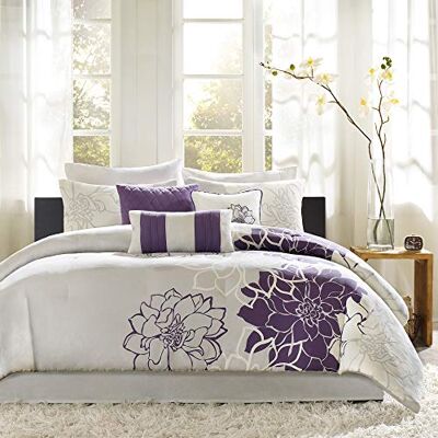Madison Park Lola Satin Baumwoll-Bettwäsche-Set, lässiges Medaillon, florales Design, für alle Jahreszeiten, Daunen-Alternative, Bettwäsche, dekorative Kissen, Kingsize, grau/lila, 7-teilig Madison Park Lola Satin Baumwoll-Bettwäsche-Set, lässiges Medaillon, florales Design, für alle Jahreszeiten, Daunen-Alternative, Bettwäsche, dekorative Kissen, Kingsize, grau/lila, 7-teilig
