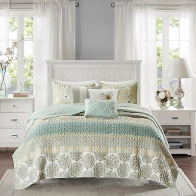 Madison Park Willa Bettwäsche-Set aus 100 % Baumwolle, Blumendruck, doppelseitige Nähte, für alle Jahreszeiten, leichte Bettdecke, passende Kissenbezüge, Doppelbett/Queen-Size-Bett (228,6 x 228,6 cm), Grün Gelb, 6-teilig Madison Park Willa Bettwäsche-Set aus 100 % Baumwolle, Blumendruck, doppelseitige Nähte, für alle Jahreszeiten, leichte Bettdecke, passende Kissenbezüge, Doppelbett/Queen-Size-Bett (228,6 x 228,6 cm), Grün Gelb, 6-teilig