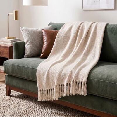 Americanflat Überwurfdecke aus weicher und atmungsaktiver Baumwolle, für Couch, Bett, Stuhl, dekorative Decken, perfekt für Zuhause, Büro oder Außenbereich, cremefarbenes Fischgrätenmuster, 127 x 152 Americanflat Überwurfdecke aus weicher und atmungsaktiver Baumwolle, für Couch, Bett, Stuhl, dekorative Decken, perfekt für Zuhause, Büro oder Außenbereich, cremefarbenes Fischgrätenmuster, 127 x 152