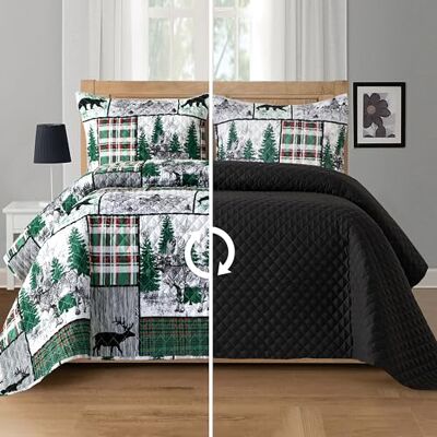 Elegant Comfort 3-teiliges rustikales Kariertes Patchwork-Wendedecke – weiche Tagesdecke mit passenden Kissenbezügen, schwere Premium-Nähte, Gesteppte Decke für alle Jahreszeiten, Queensize, Wald Elegant Comfort 3-teiliges rustikales Kariertes Patchwork-Wendedecke – weiche Tagesdecke mit passenden Kissenbezügen, schwere Premium-Nähte, Gesteppte Decke für alle Jahreszeiten, Queensize, Wald