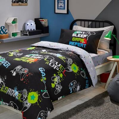 Bedlam Schwarzer Gaming-Bettbezug, Einzelbettgröße (200 x 140 cm), leuchtet im Dunkeln, wendbar (2 Designs), Gaming-Bettwäsche – Gamer-Bettbezug in Schwarz – Gaming-Schlafzimmer-Zubehör Bedlam Schwarzer Gaming-Bettbezug, Einzelbettgröße (200 x 140 cm), leuchtet im Dunkeln, wendbar (2 Designs), Gaming-Bettwäsche – Gamer-Bettbezug in Schwarz – Gaming-Schlafzimmer-Zubehör