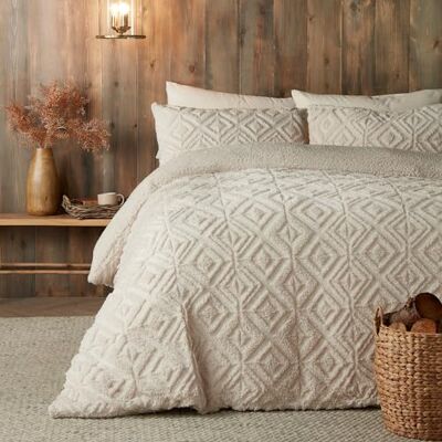 Fusion Natürliches cremefarbenes Teddy-Fleece-Bettbezug, Doppelbettgröße (200 x 200 cm), wendbares Design, Leinen, Beige, Jacquard-Bettbezug, geometrische quadratische getuftete Bettwäsche, weiches Fusion Natürliches cremefarbenes Teddy-Fleece-Bettbezug, Doppelbettgröße (200 x 200 cm), wendbares Design, Leinen, Beige, Jacquard-Bettbezug, geometrische quadratische getuftete Bettwäsche, weiches