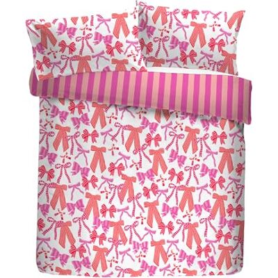 Bedlam Bettwäsche-Set für Doppelbett, 100% Polyester (60% recycelt), 200 x 200 cm, Rosa und Weiß, Schleifen-Druck mit gestreifter Rückseite Bedlam Bettwäsche-Set für Doppelbett, 100% Polyester (60% recycelt), 200 x 200 cm, Rosa und Weiß, Schleifen-Druck mit gestreifter Rückseite