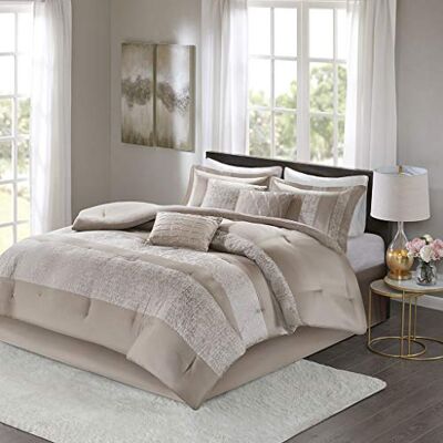 Madison Park Luxury Comforter Set-Traditional Jacquard Design All Season Down Alternative Bedding, Matching Bedskirt, Decorative Pillows, King(104"x92"), AVA, Pieced Taupe 7 Madison Park Luxury Comforter Set-Traditional Jacquard Design All Season Down Alternative Bedding, Matching Bedskirt, Decorative Pillows, King(104"x92"), AVA, Pieced Taupe 7