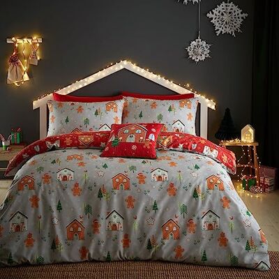 Bedlam Weihnachts-Bettbezug mit Lebkuchenhaus, Doppelbettgröße (200 x 200 cm), wendbar (2 Farben), 2 x Kissenbezüge, Lebkuchenmann-Bettbezug, Weihnachts-Bettwäsche, Weihnachtsdekoration Bedlam Weihnachts-Bettbezug mit Lebkuchenhaus, Doppelbettgröße (200 x 200 cm), wendbar (2 Farben), 2 x Kissenbezüge, Lebkuchenmann-Bettbezug, Weihnachts-Bettwäsche, Weihnachtsdekoration