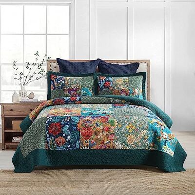 Autumn Dream Baumwoll-Tagesdecke, Steppdecke, wendbar, Bettdecke, Vintage-Blumenmuster, Patchwork, türkis, King-Size-Bett Autumn Dream Baumwoll-Tagesdecke, Steppdecke, wendbar, Bettdecke, Vintage-Blumenmuster, Patchwork, türkis, King-Size-Bett