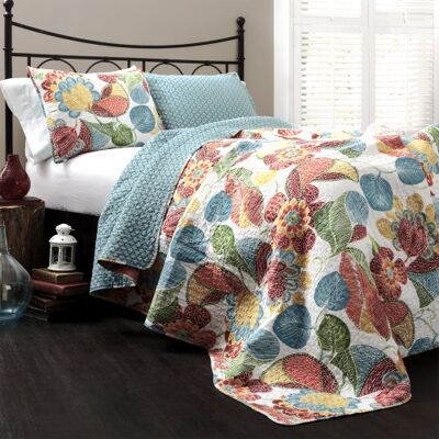 Lush Decor Layla Quilt Floral Leaf Print 3-teiliges Wende-Bettwäsche-Set, Kingsize, Orange/Blau Lush Decor Layla Quilt Floral Leaf Print 3-teiliges Wende-Bettwäsche-Set, Kingsize, Orange/Blau