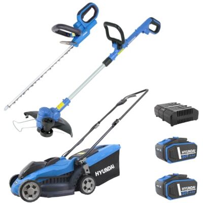 Hyundai 20V Akku-Gartengeräte Set bestehend aus Rasenmäher LM2033LI, Rasentrimmer GT2030LI, Heckenschere HT2051LI, 2x 4Ah Akku und Doppelladegerät Hyundai 20V Akku-Gartengeräte Set bestehend aus Rasenmäher LM2033LI, Rasentrimmer GT2030LI, Heckenschere HT2051LI, 2x 4Ah Akku und Doppelladegerät