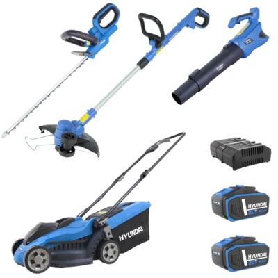 Hyundai 20V Akku-Gartengeräte Set bestehend aus Rasenmäher LM2033LI, Trimmer GT2030LI, Heckenschere HT2051LI, Laubbläser LB2040LI, 2x 4Ah Akku, Doppelladegerät Hyundai 20V Akku-Gartengeräte Set bestehend aus Rasenmäher LM2033LI, Trimmer GT2030LI, Heckenschere HT2051LI, Laubbläser LB2040LI, 2x 4Ah Akku, Doppelladegerät