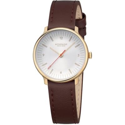 Mondaine Doppio Uhr 33mm Damen, Vintage-Charme, Quarzwerk, Saphirglas, Vegan, Schweizer Produktion, Recyceltes Material, Wasserdicht 5 ATM, Datum Gold/Braun Mondaine Doppio Uhr 33mm Damen, Vintage-Charme, Quarzwerk, Saphirglas, Vegan, Schweizer Produktion, Recyceltes Material, Wasserdicht 5 ATM, Datum Gold/Braun