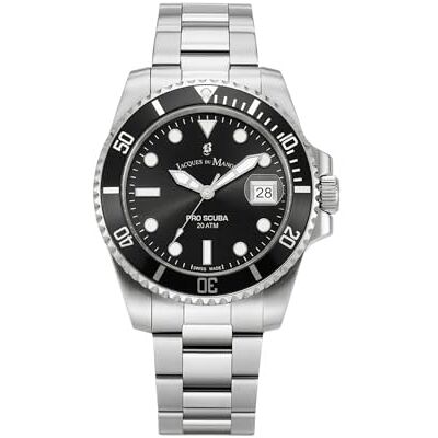 B JACQUES DU MANOIR Jacques Du Manoir Pro Scuba, Herren Taucheruhr, Quarz Analog, Edelstahl, 43mm, Edelstahlarmband, Silber, 20 bar, Zifferblattfarbe: Schwarz, Datumsanzeige, JWG02801 B JACQUES DU MANOIR Jacques Du Manoir Pro Scuba, Herren Taucheruhr, Quarz Analog, Edelstahl, 43mm, Edelstahlarmband, Silber, 20 bar, Zifferblattfarbe: Schwarz, Datumsanzeige, JWG02801
