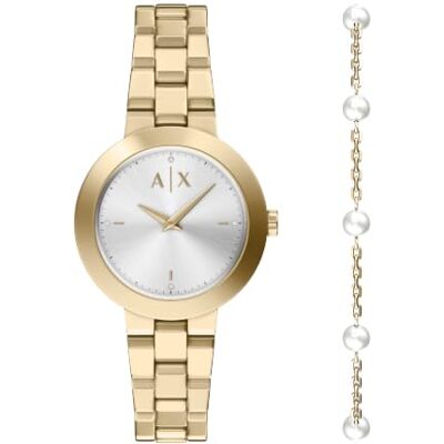 Armani Exchange Watch for Women, Quarz Zweizeiger Uhrwerk und 36mm Gehäusegröße mit Edelstahl- oder Lederarmband Armani Exchange Watch for Women, Quarz Zweizeiger Uhrwerk und 36mm Gehäusegröße mit Edelstahl- oder Lederarmband