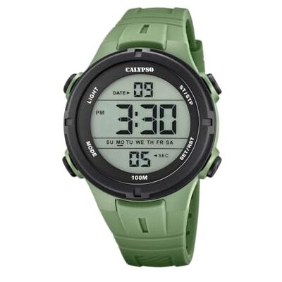 Calypso Digital Uhr Herrenuhr K5837/2 Quarz Wasserdicht 10 ATM Datum und Kalender, Chronograph, Dualzeit, Licht, Alarm, 12 und 24 Stunden Grünes Kautschukarmband Flash Time Calypso Digital Uhr Herrenuhr K5837/2 Quarz Wasserdicht 10 ATM Datum und Kalender, Chronograph, Dualzeit, Licht, Alarm, 12 und 24 Stunden Grünes Kautschukarmband Flash Time