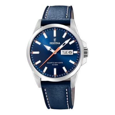 Festina Herren Uhr Analog mit Blauem Lederarmband Quarzwerk Kalender Mineralglas mit hoher Widerstandsfähigkeit Wasserdicht bis 10 ATM Elegant F20358/3 Festina Herren Uhr Analog mit Blauem Lederarmband Quarzwerk Kalender Mineralglas mit hoher Widerstandsfähigkeit Wasserdicht bis 10 ATM Elegant F20358/3