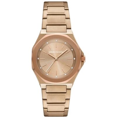 Armani Exchange Watch for Women, Quarz-Dreizeigerwerk und 34 mm Gehäusegröße mit Edelstahl- oder Lederarmband Armani Exchange Watch for Women, Quarz-Dreizeigerwerk und 34 mm Gehäusegröße mit Edelstahl- oder Lederarmband