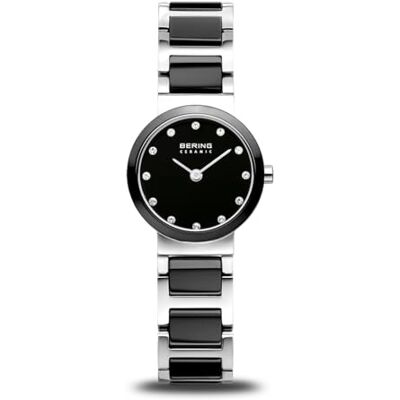 Bering Damen Quarz Uhr Armbanduhr 25 mm silbernes Edelstahlgehäuse und schwarzes Zifferblatt Edelstahlband mit Keramikelementen 5 ATM 10725-742 Bering Damen Quarz Uhr Armbanduhr 25 mm silbernes Edelstahlgehäuse und schwarzes Zifferblatt Edelstahlband mit Keramikelementen 5 ATM 10725-742