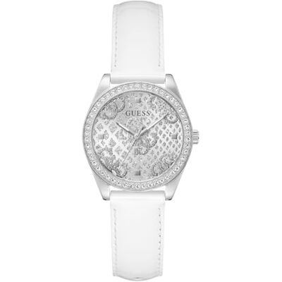 Guess BOA Damen Armbanduhr, Edelstahl, 32 mm, Lederarmband, Weiß, 3 bar, Zifferblatt: Silber, GW0989L1 Guess BOA Damen Armbanduhr, Edelstahl, 32 mm, Lederarmband, Weiß, 3 bar, Zifferblatt: Silber, GW0989L1
