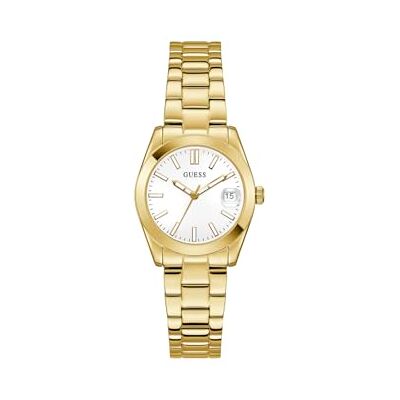 Guess Damen Armbanduhr Alice mit Datumsanzeige, goldfarbenes Edelstahlarmband, Mineral Glas, weißes Ziffernblatt, 3 Bar, Gehäusedurchmesser: 32 mm, GW0934L2 Guess Damen Armbanduhr Alice mit Datumsanzeige, goldfarbenes Edelstahlarmband, Mineral Glas, weißes Ziffernblatt, 3 Bar, Gehäusedurchmesser: 32 mm, GW0934L2