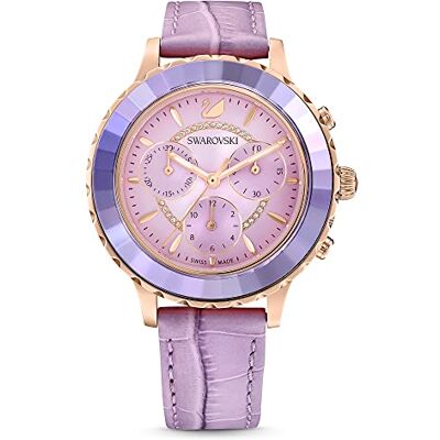 Swarovski Octea Lux Uhr Chrono, Edelstahl Damenuhr mit Vergoldetem Gehäuse und Zifferblatt, Kristallen und Braunem Lederarmband Swarovski Octea Lux Uhr Chrono, Edelstahl Damenuhr mit Vergoldetem Gehäuse und Zifferblatt, Kristallen und Braunem Lederarmband