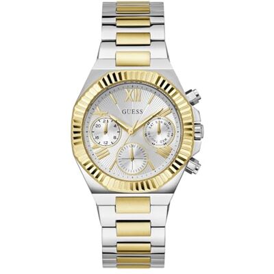 Guess Damen Armbanduhr Equality, Silber- und goldfarbenes Edelstahlarmband, Mineral Glas, silbernes Ziffernblatt, 5 Bar, Gehäusedurchmesser: 38 mm, GW0769L3 Guess Damen Armbanduhr Equality, Silber- und goldfarbenes Edelstahlarmband, Mineral Glas, silbernes Ziffernblatt, 5 Bar, Gehäusedurchmesser: 38 mm, GW0769L3
