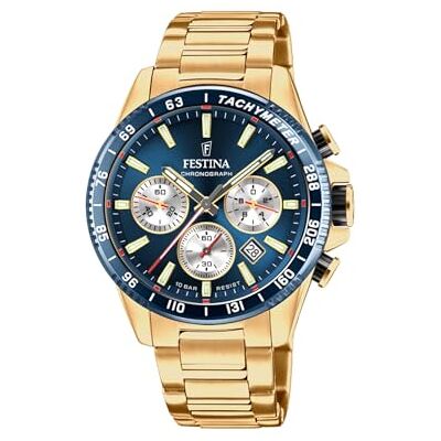 Festina Herren Uhr Analog aus Edelstahl 316L Goldfarben Quarzwerk Chronograph Kalender Widerstandsfähiges Mineralglas Wasserdicht bis 10 ATM F20634/2 Timeless Chronograph Festina Herren Uhr Analog aus Edelstahl 316L Goldfarben Quarzwerk Chronograph Kalender Widerstandsfähiges Mineralglas Wasserdicht bis 10 ATM F20634/2 Timeless Chronograph