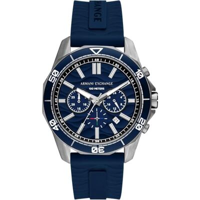 Armani Exchange Watch for Men, Quarz-Chronographenwerk und 44mm Gehäusegröße mit Silikonarmband, Blau und Grau Armani Exchange Watch for Men, Quarz-Chronographenwerk und 44mm Gehäusegröße mit Silikonarmband, Blau und Grau