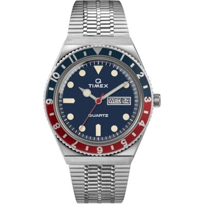 Timex Herrenuhr Q Herren Edelstahl Silber Stahl Gehäuse Quarzwerk Blaues Zifferblatt Silber Stahlarmband mit Faltschließe 5 ATM Timex Herrenuhr Q Herren Edelstahl Silber Stahl Gehäuse Quarzwerk Blaues Zifferblatt Silber Stahlarmband mit Faltschließe 5 ATM