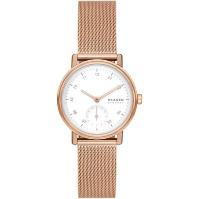 Skagen Kuppel Uhr für Damen, Quarzwerk mit Edelstahl- oder Lederarmband, Roségoldton und Weiß, 32MM Skagen Kuppel Uhr für Damen, Quarzwerk mit Edelstahl- oder Lederarmband, Roségoldton und Weiß, 32MM