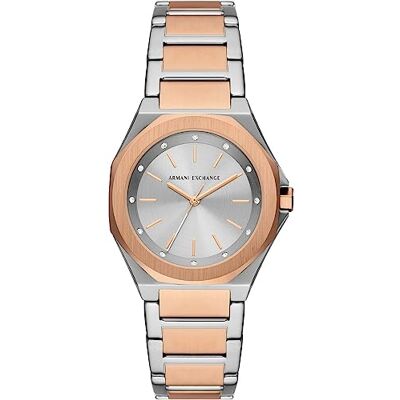 Armani Exchange Watch for Women, Quarz-Dreizeigerwerk und 34 mm Gehäusegröße mit Edelstahl- oder Lederarmband Armani Exchange Watch for Women, Quarz-Dreizeigerwerk und 34 mm Gehäusegröße mit Edelstahl- oder Lederarmband