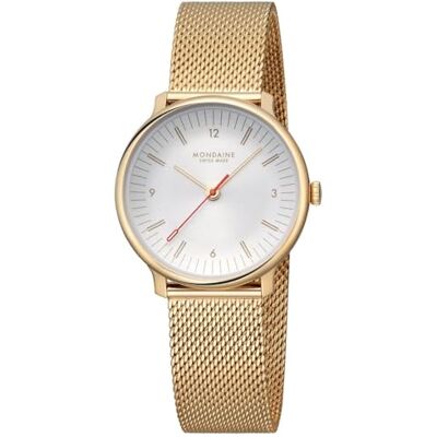 Mondaine Doppio Uhr 33mm, Goldfarben, Grau-Weißes Zifferblatt, Doppelt Gewölbtes Saphirglas, Schweizer Quarzwerk, 5 ATM Wasserdicht, Recyceltes Edelstahl, Swiss Made Mondaine Doppio Uhr 33mm, Goldfarben, Grau-Weißes Zifferblatt, Doppelt Gewölbtes Saphirglas, Schweizer Quarzwerk, 5 ATM Wasserdicht, Recyceltes Edelstahl, Swiss Made