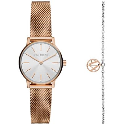Armani Exchange Watch for Women, Quarz-Zweizeigerwerk und 28 mm Gehäusegröße mit Edelstahlarmband Armani Exchange Watch for Women, Quarz-Zweizeigerwerk und 28 mm Gehäusegröße mit Edelstahlarmband