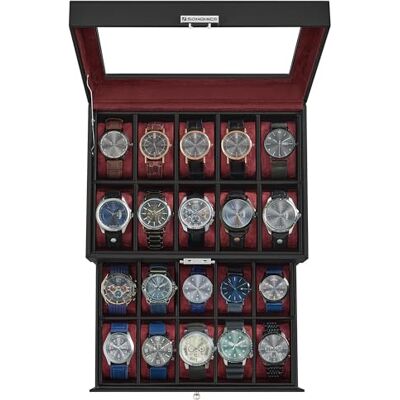 SONGMICS Uhrenbox mit 20 Fächern, Uhrengehäuse mit Glasdeckel, 2 Schichten, abschließbare Uhrenvitrine, schwarzes Kunstleder, weinrotes Futter UJWB020R01 SONGMICS Uhrenbox mit 20 Fächern, Uhrengehäuse mit Glasdeckel, 2 Schichten, abschließbare Uhrenvitrine, schwarzes Kunstleder, weinrotes Futter UJWB020R01