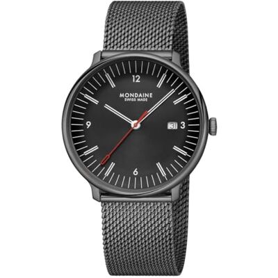 Mondaine Doppio Uhr 41mm Schwarz, Schweizer Quarzwerk, Datumsanzeige, 5 ATM, Edelstahlgehäuse (91% recycelt), Mesh-Armband – Swiss Made Eleganz Mondaine Doppio Uhr 41mm Schwarz, Schweizer Quarzwerk, Datumsanzeige, 5 ATM, Edelstahlgehäuse (91% recycelt), Mesh-Armband – Swiss Made Eleganz